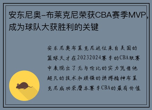 安东尼奥-布莱克尼荣获CBA赛季MVP，成为球队大获胜利的关键